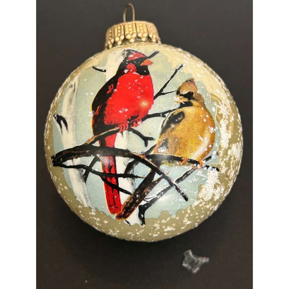 Christmas Ornament Holiday Gold Cardinals Birds Snowflakes Krebs Glass Vintage